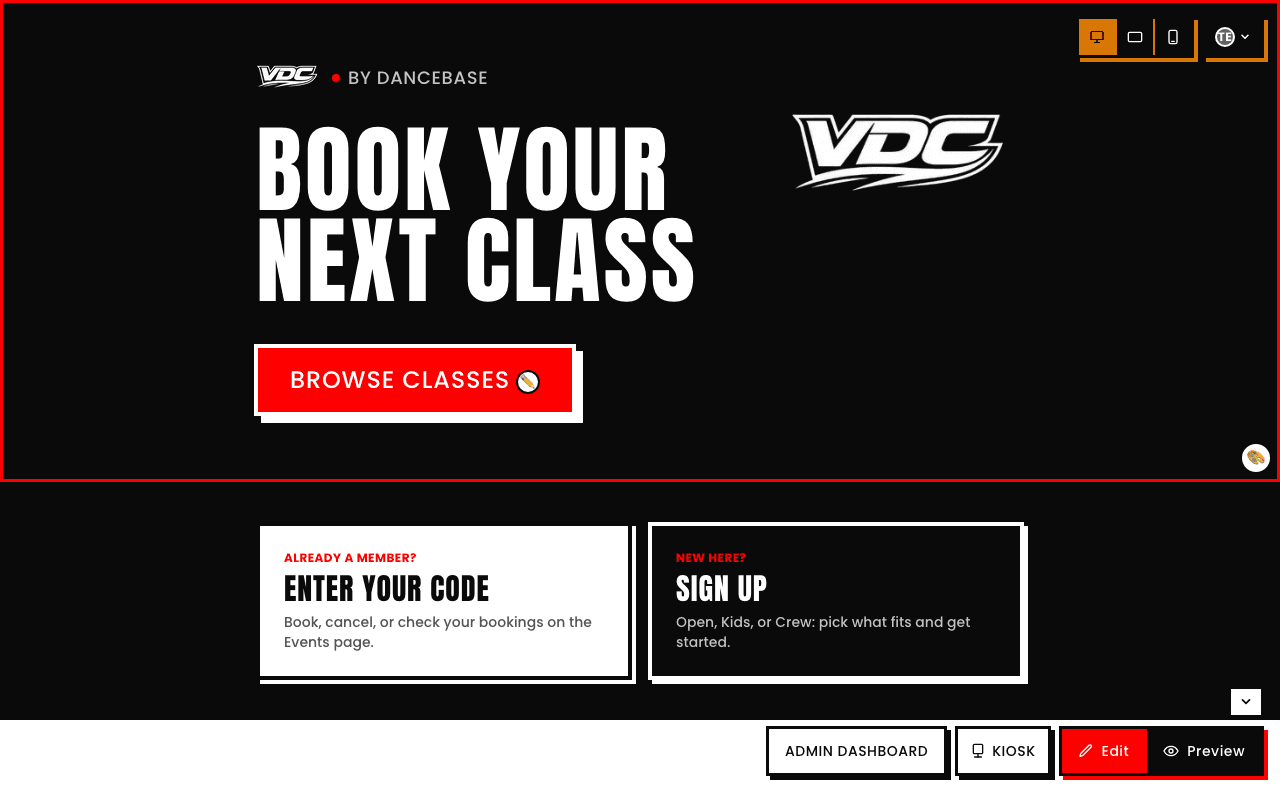 VDC's real live homepage in Edit Mode: a Desktop/iPad/Mobile viewport toggle and an admin identity badge top right, and ADMIN DASHBOARD/KIOSK quick-nav plus Edit/Preview toggle buttons bottom right