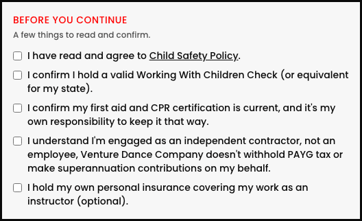 The instructor self-setup form's 'Before you continue' section, showing checkboxes for a Child Safety Policy link, WWCC confirmation, first aid/CPR confirmation, contractor status acknowledgment, and an optional personal insurance checkbox