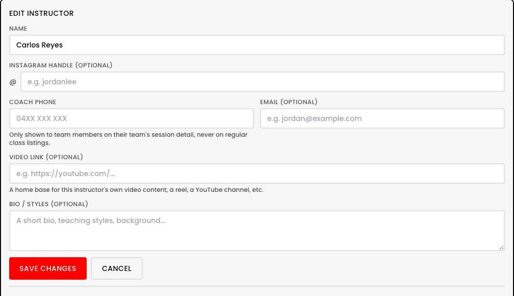 Edit Instructor form with fields for Name, Instagram handle, Coach Phone, Email, Video Link, and Bio/Styles, plus a note that coach phone is only shown to team members on their team's session detail, never on regular class listings