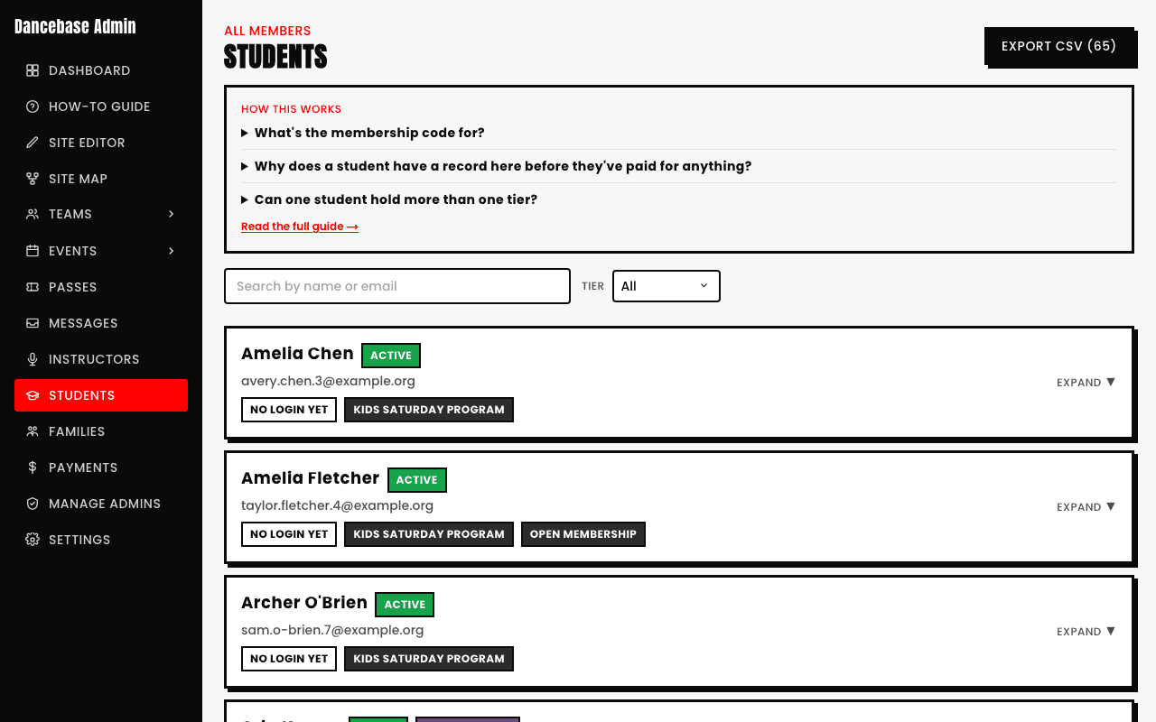The Students admin page with an Export CSV (65) button top right, a search box, a Tier filter, and a list of real students