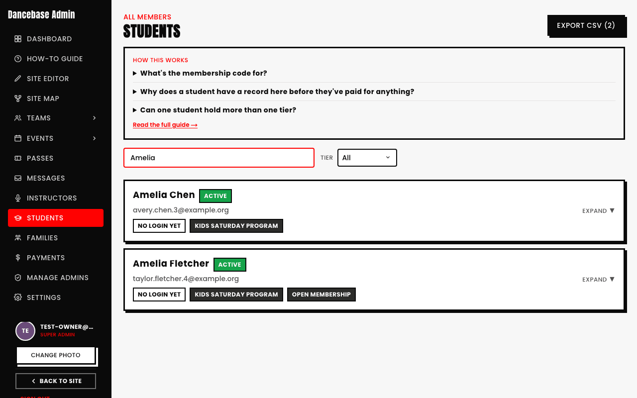 The Students page filtered by a search for 'Amelia', showing the Export CSV button now reading Export CSV (2), matching only the two students the search found